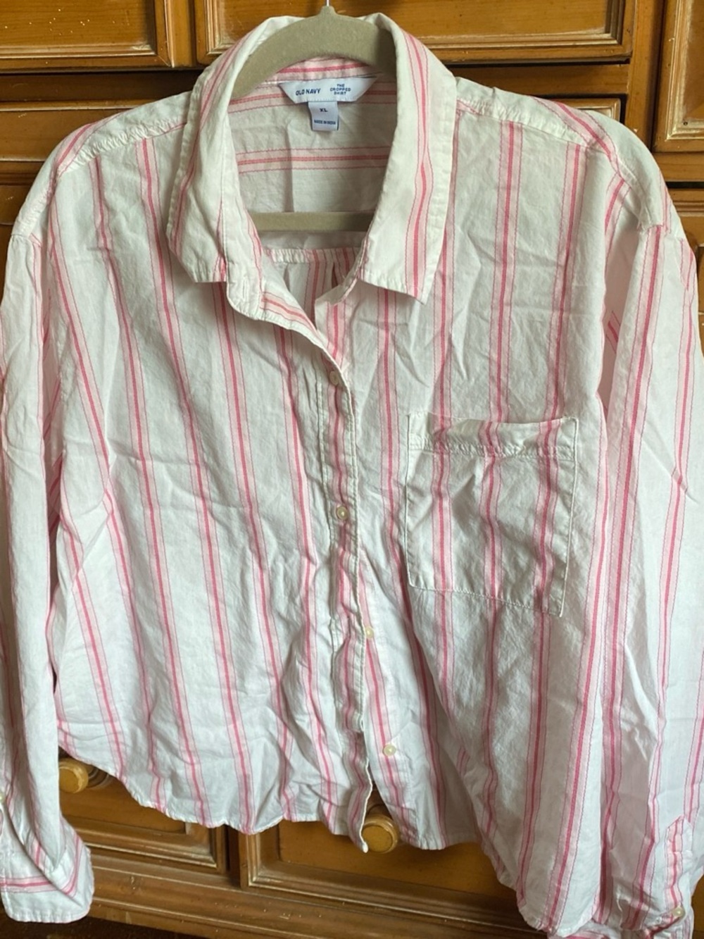 Old Navy Men's White Button-Down Shirt with Pink Stripes